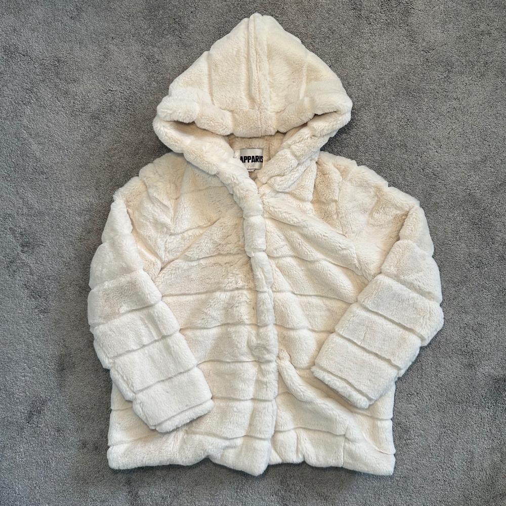 Apparis Faux Fur Jacket Women Size M Cream Hooded Vegan Fur Snap Coat